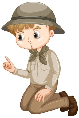 Beyaz arkaplan resimlerinde safari kıyafeti giymiş yakışıklı bir çocuk.