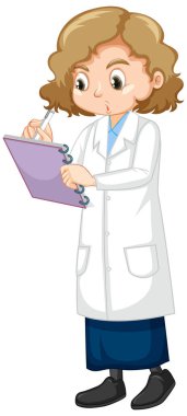Beyaz arkaplan illüstrasyonu üzerine laboratuvar önlüklü kız notu