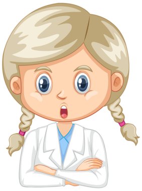 Beyaz arkaplan illüstrasyonunda laboratuvar önlüğü giyen kız