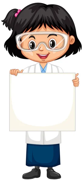 白い背景イラストにホワイトボードを保持研究室のガウンを身に着けている女の子 — ストックベクタ