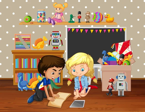 Scène Met Kinderen Lezen Boek Kamer Illustratie — Stockvector