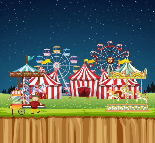 Circus Scene Many Rides Night Time Illustration — Stock Vector