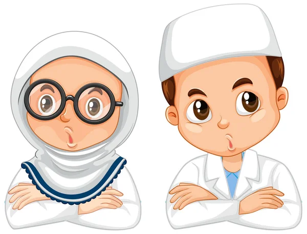 Muslim Boy Girl Science Gown White Background Illustration — 스톡 벡터