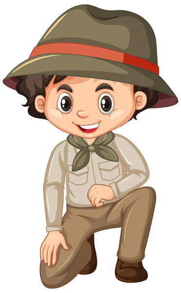 Boy in scout uniform sitting on white background illustration