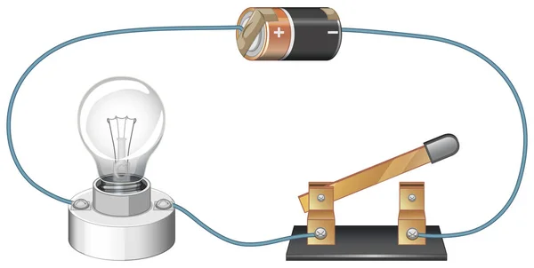 Elektromos Áramkört Bemutató Ábra Akkumulátorral Villanykörte Illusztrációval — Stock Vector