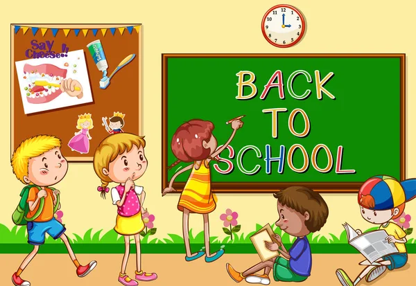 Scena Wieloma Dziećmi Uczącymi Się Ilustracji Klasy — Wektor stockowy