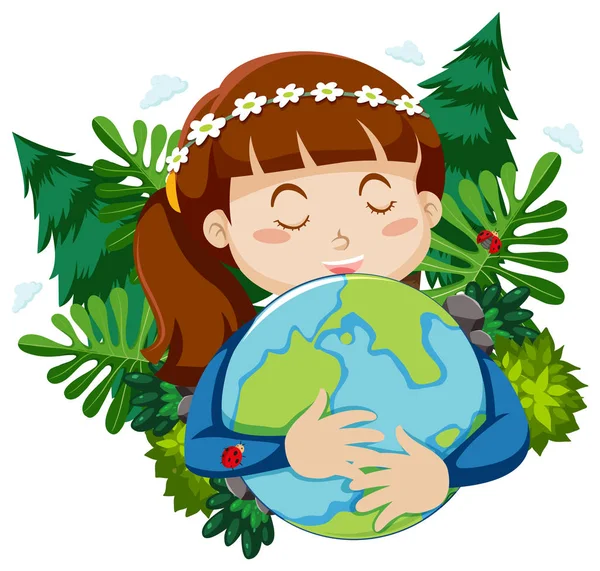 Glückliches Mädchen Umarmt Kleine Welt Mit Blättern Hintergrund Illustration — Stockvektor