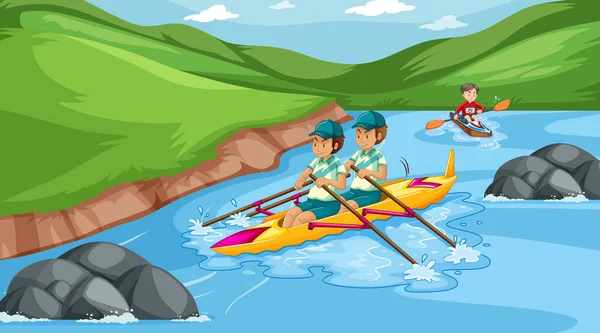 Scena Sfondo Con Gli Atleti Canoa Nel Flusso Illustrazione — Vettoriale Stock