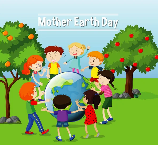 Дизайн Плаката Дню Матери Земли Счастливыми Детьми Играющими Иллюстрации — стоковый вектор