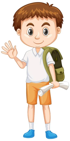Cute Boy Green Backpack Greeting White Background Illustration — Stock Vector