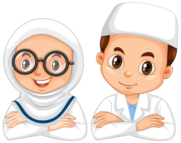 Enfants Musulmans Robe Science Sur Fond Blanc Illustration — Image vectorielle