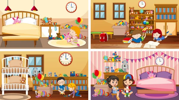 Four Scenes Children Playing Different Rooms Illustration — Stock Vector