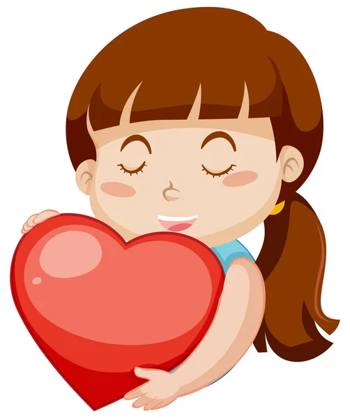 Chica Feliz Abrazando Gran Corazón Rojo Sobre Fondo Blanco Ilustración — Vector de stock