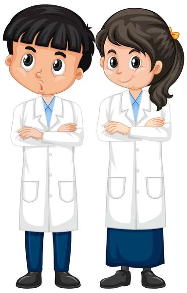 Junge Und Mädchen Wissenschaftlichen Kleid Stehen Auf Weißem Hintergrund Illustration — Stockvektor