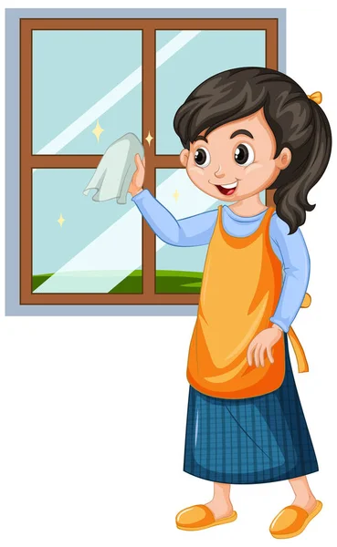 Mädchen Putzen Fenster Auf Weißem Hintergrund Illustration — Stockvektor