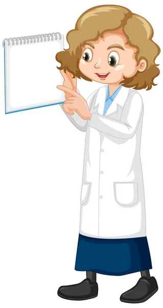 Chica Vistiendo Bata Laboratorio Sosteniendo Cuaderno Sobre Fondo Blanco Ilustración — Vector de stock