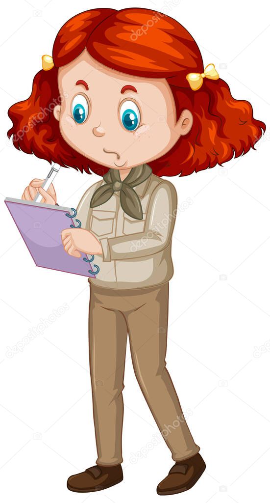 Girl in safari outfit writing note on white background illustration