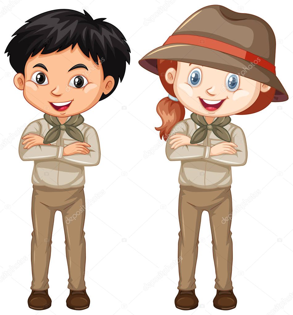 Boy and girl in brown uniform illustration