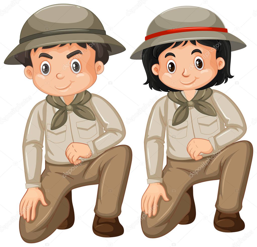 Boy and girl in safari outfit on white background illustration