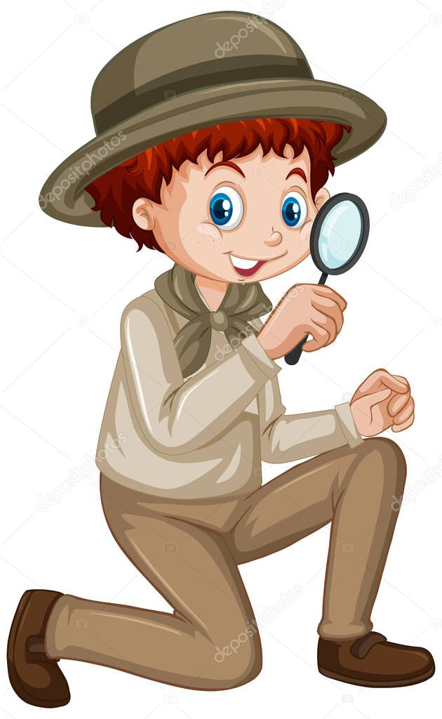 Boy with magnifying glass on white background illustration