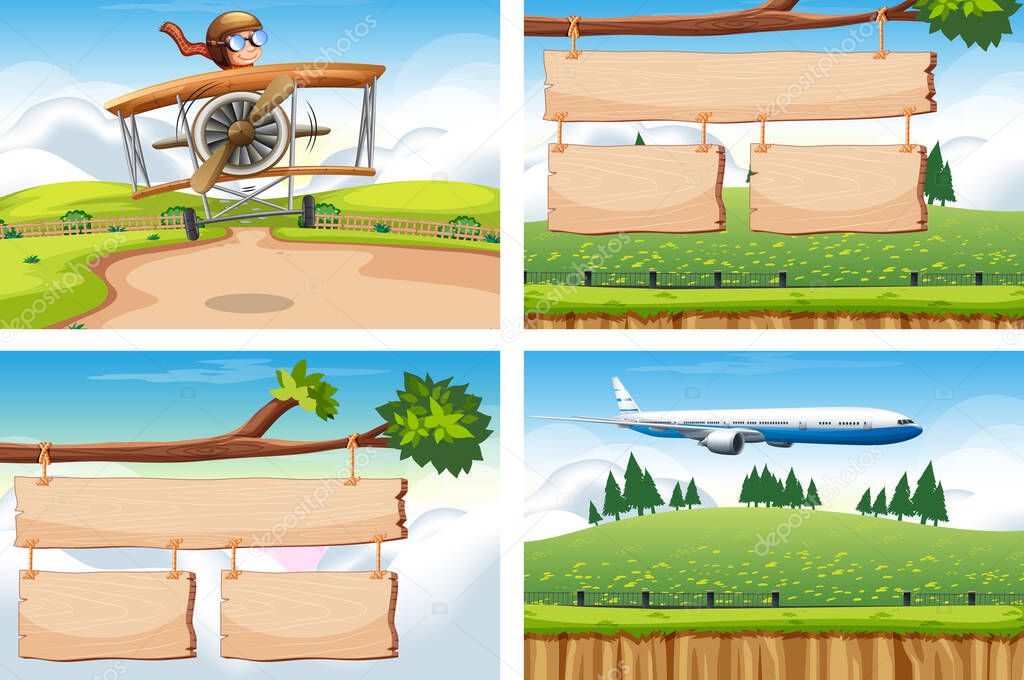 Four scenes with airplane flying in the sky and wooden sign template illustration