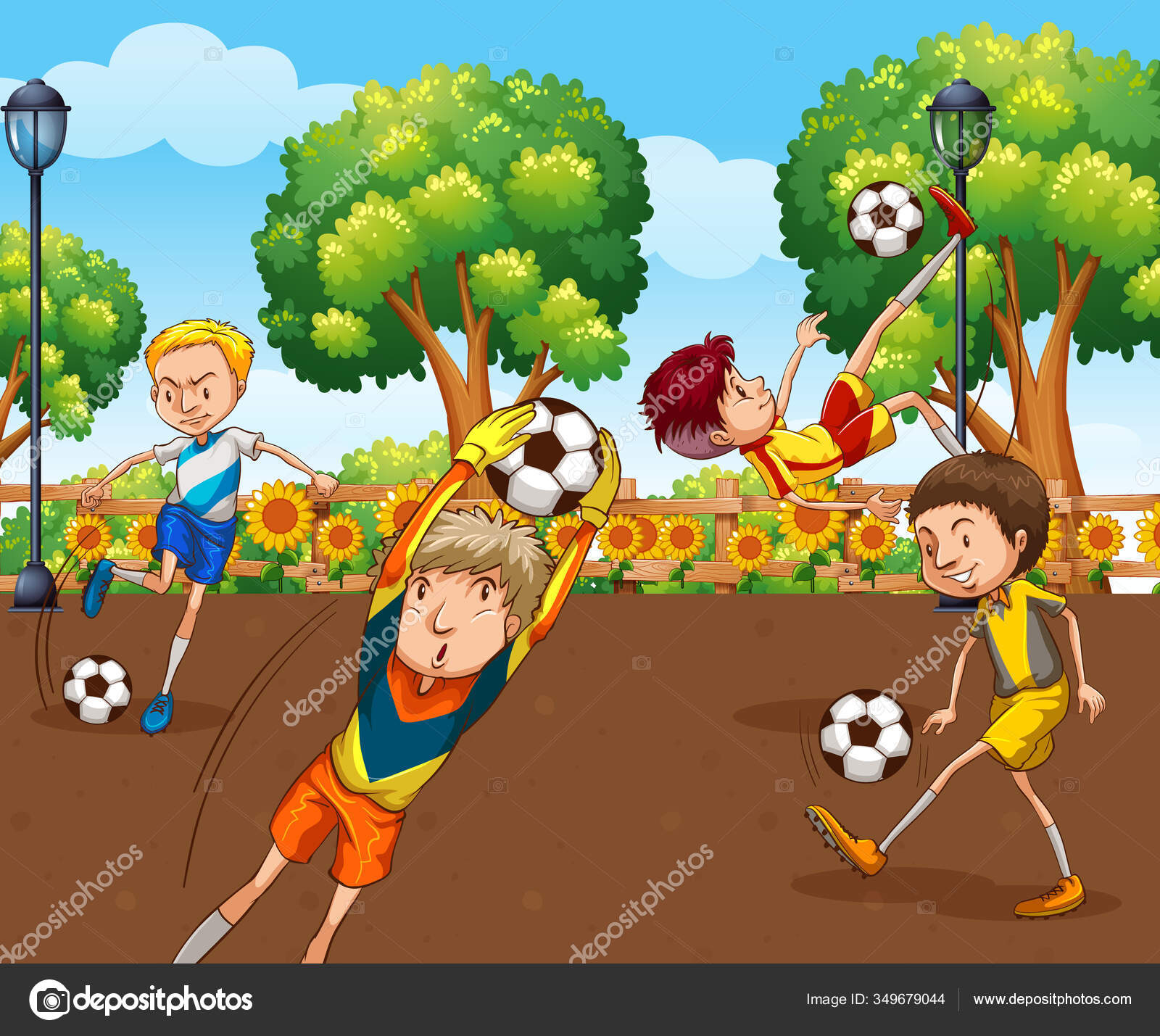 Сцена Много Детей Играют Футбол Поле Векторное Изображение.