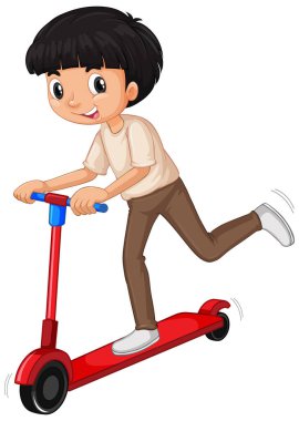 Beyaz arkaplanda kırmızı scooterlı çocuk