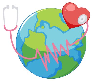 Kırmızı kalbi ve steteskopu olan büyük bir dünya.