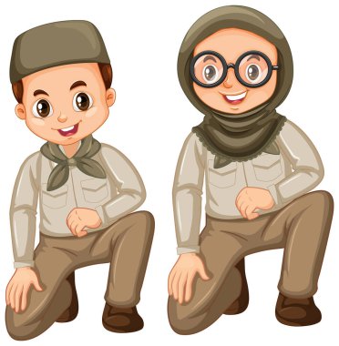 Erkek ve kız izci üniforması içinde beyaz arkaplan çizimi yapıyorlar.