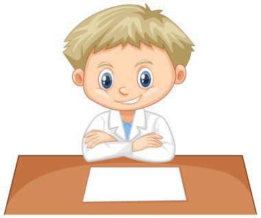 Bilim cüppeli çocuk masadaki resimde oturuyor.