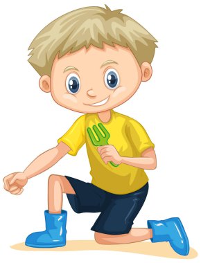 Beyaz arkaplanda bahçe çatalı olan sevimli çocuk.