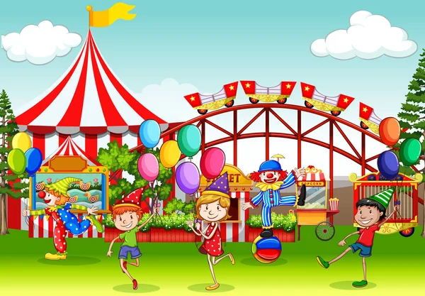 Escena Con Muchos Niños Divirtiéndose Feria Circo Ilustración — Vector de stock