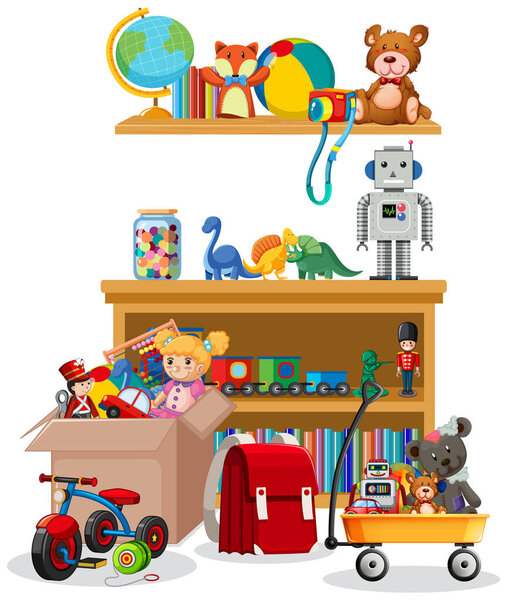 Shelf and box full of toys on white background illustration