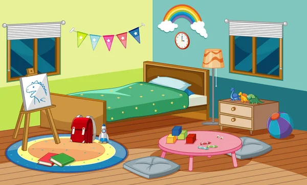 Schlafzimmer Szene Mit Bett Und Vielen Spielzeugen Zimmer Illustration — Stockvektor
