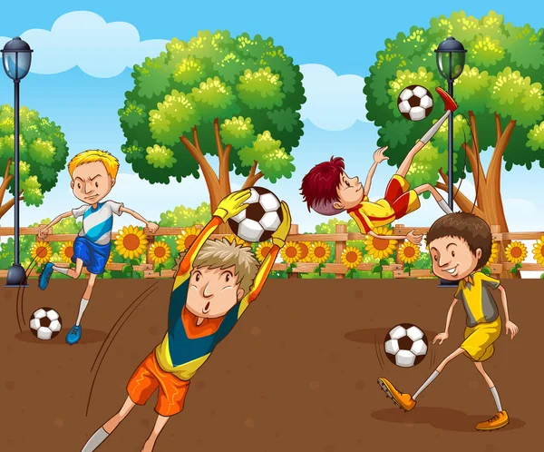 Escena Con Muchos Niños Jugando Fútbol Campo Ilustración — Vector de stock