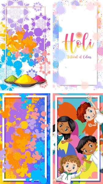 Quatro Modelos Moldura Com Ilustração Tema Festival Holi — Vetor de Stock