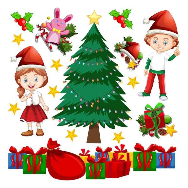 Kinder Und Weihnachtsbaum Auf Weißem Hintergrund Illustration — Stockvektor