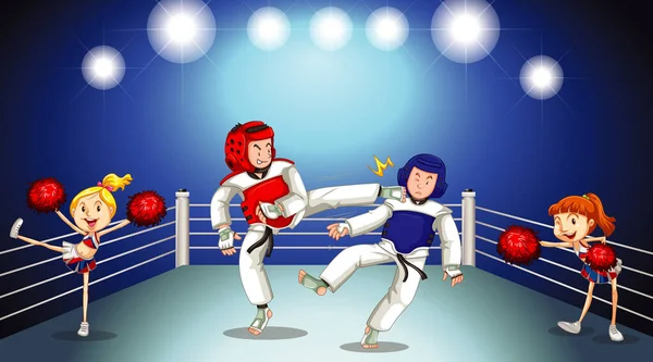 Scene Two Taekwondo Players Fighting Stage Illustration — Stock Vector