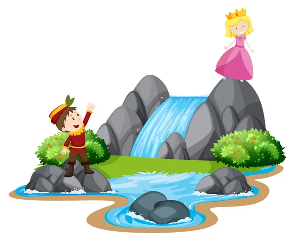 王子和公主在瀑布图上的场景 — 图库矢量图片