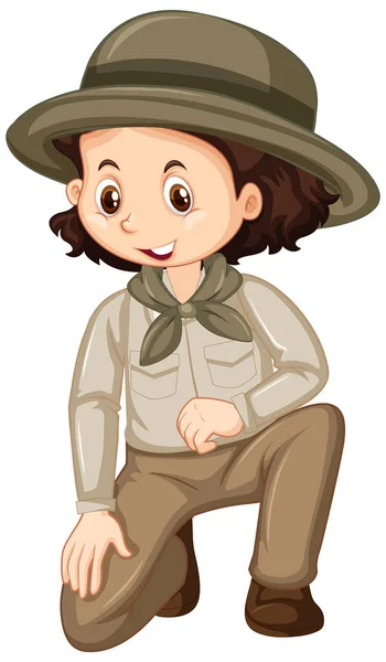 Chica Uniforme Safari Sentado Sobre Fondo Blanco Ilustración — Archivo Imágenes Vectoriales