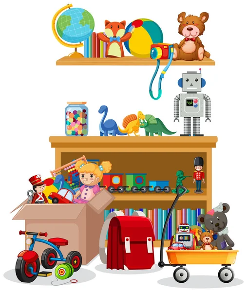 Shelf Box Full Toys White Background Illustration — Stock Vector