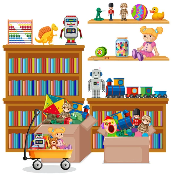 Shelf Full Books Toys White Background Illustration — Stock Vector