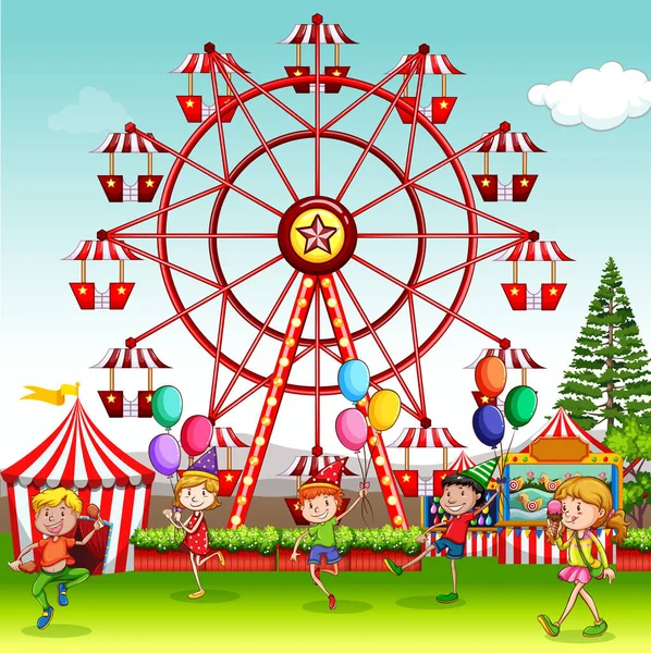 Scen Med Glada Barn Som Leker Cirkus Park Illustration — Stock vektor