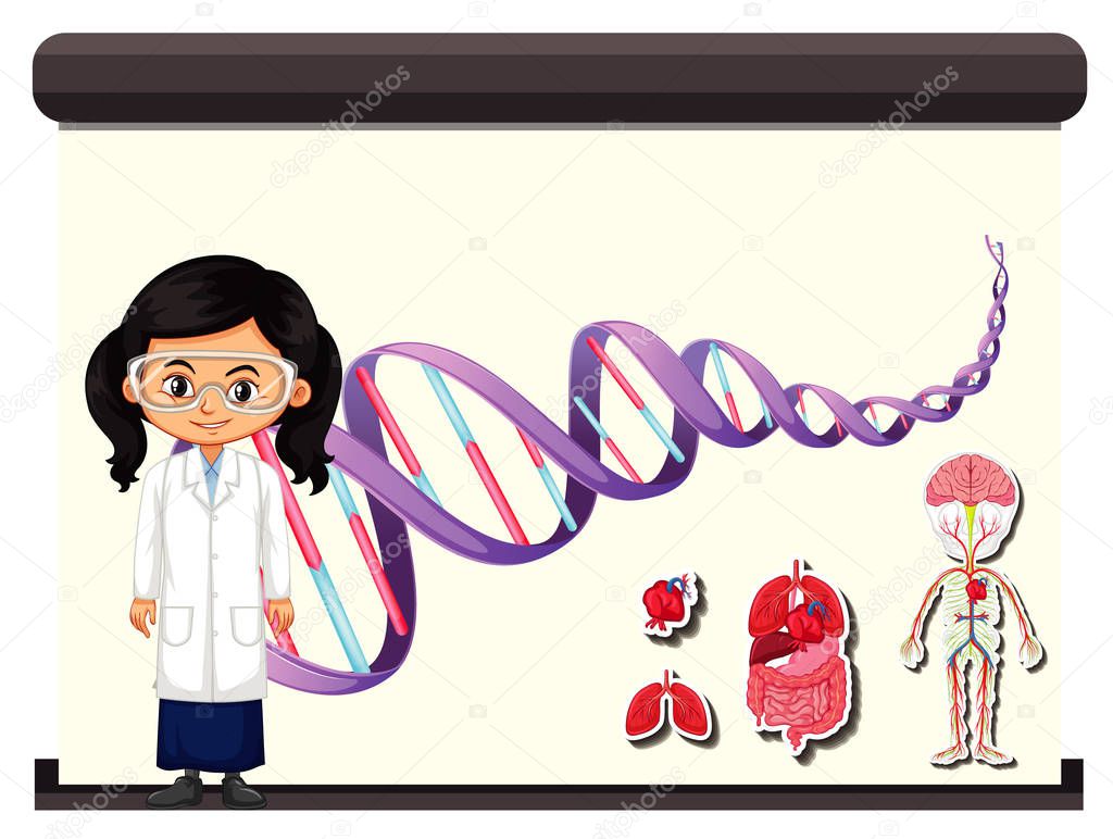 Scientist with diagram of human DNA illustration