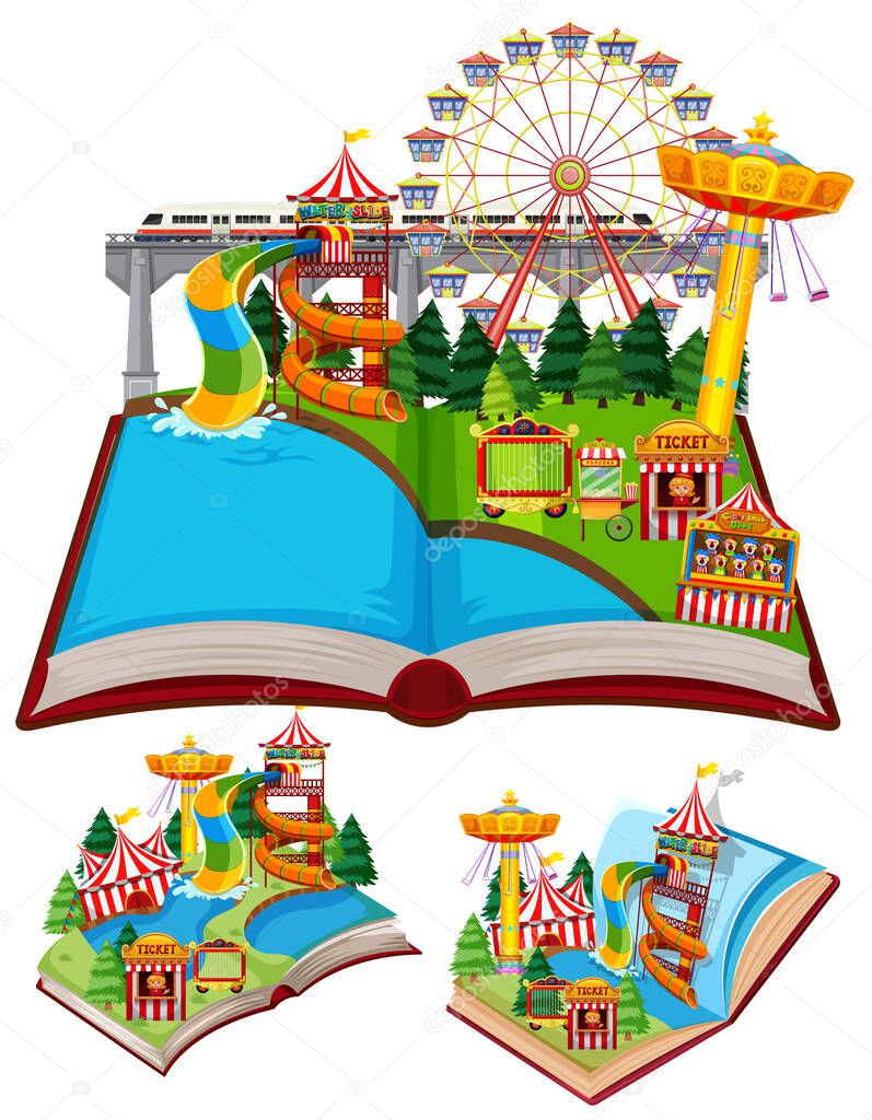 Set of books with many rides in the circus illustration