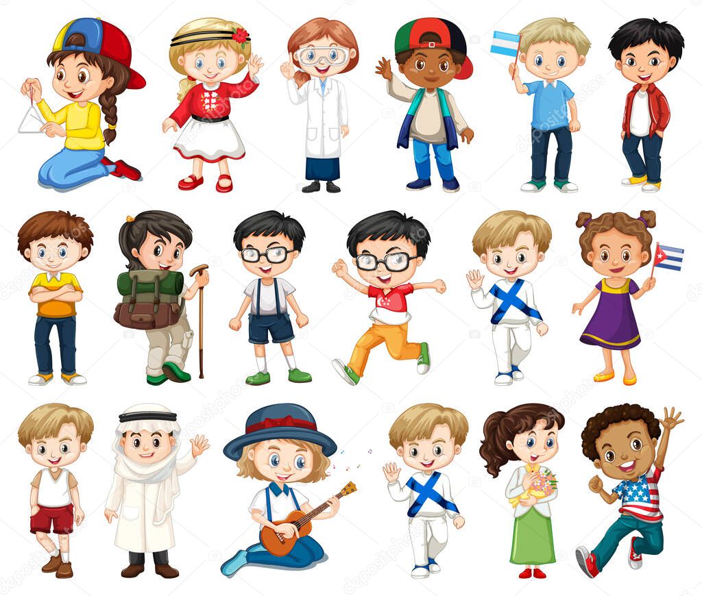 Large set of boys and girls doing different activity on white background illustration