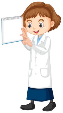 Beyaz arkaplanda duran bilim elbiseli kız.