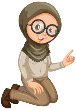 İzci üniformalı Müslüman kız beyaz arkaplan çiziminde oturuyor.