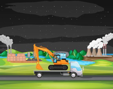 Sanayi bölgesi illüstrasyonu boyunca giden kamyonetli sahne
