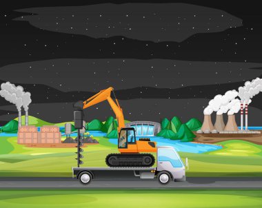 Sanayi bölgesi illüstrasyonu boyunca giden kamyonetli sahne